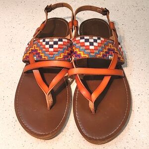 Womens 11 Aztec Boho Multicolored Embroidered Thong Slingback Sandals